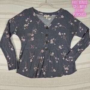 Como Vintage Grey Pink Floral Button Front Long Sleeve Top Size L